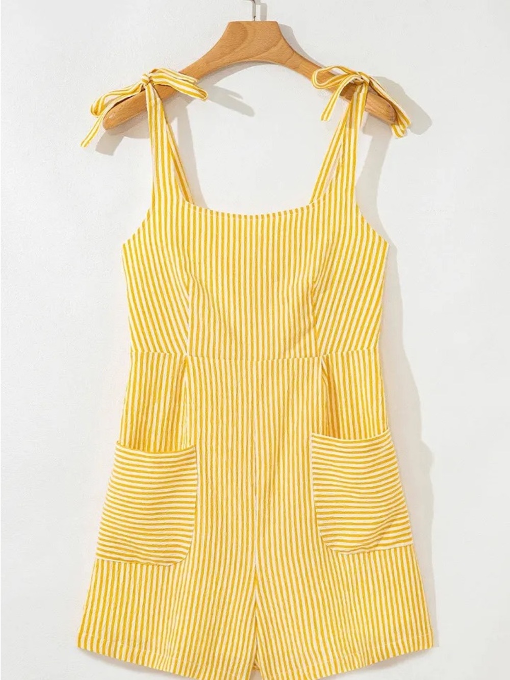NWT Yellow Striped Tie-Shoulder Romper with Front Pockets